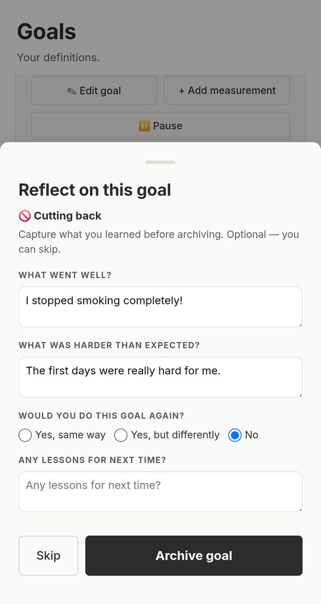 Reflecting on a goal before archiving it in Ayer